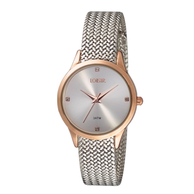 Loisir Watch 11L05-00485 with rose gold metallic case and stainless steel mesh bracelet