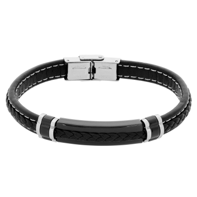 Visetti stainless steel bracelet LD-BR003 with silver and black plating and genuine leather