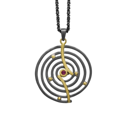 Handmade sterling silver necklace Evrima spiral with black and gold plating and precious stones (zirconia) ENG-KM-1813