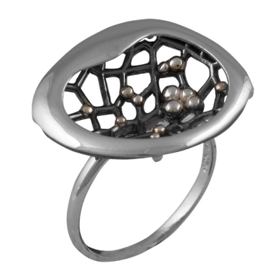 Handmade sterling silver ring Evrima branches with silver and black plating ENG-KR-1904-M