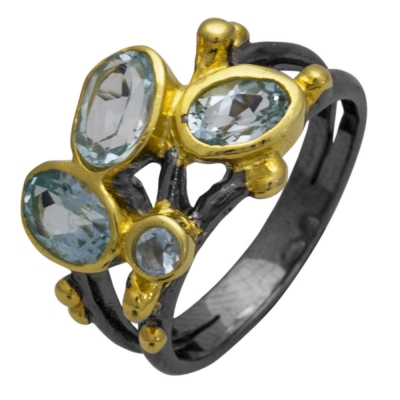 Χειροποίητο ασημένιο δαχτυλίδι Εύρημα με μαύρη και χρυσή επιμετάλλωση και ημιπολύτιμες πέτρες (ζιργκόν) ENG-TR-1848