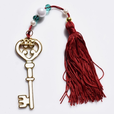 Handmade charm 2021 big key gold brass with tassel, pearls and crystals Gouri-2021-042