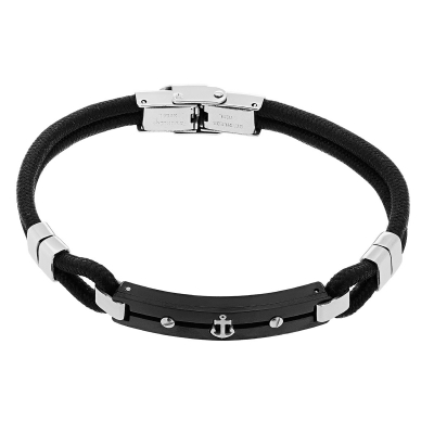 Visetti stainless steel bracelet DI-BR038B with silver and black plating and genuine black leather