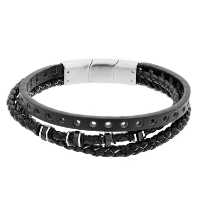 Visetti stainless steel bracelet QD-BR179 with silver and black plating and genuine black leather