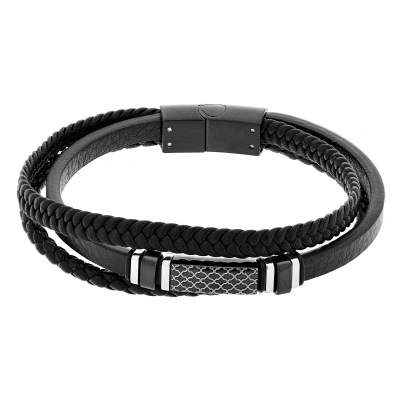Visetti stainless steel bracelet QD-BR188 with silver and black plating and genuine black leather