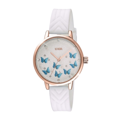 Loisir ρολόι 11L07-00283 Butterfly με ροζ χρυσή μεταλλική κάσα και λευκό λουράκι σιλικόνης