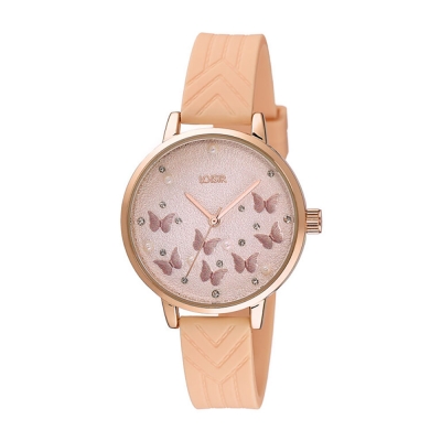 Loisir Watch 11L75-00305 Butterfly with rose gold metallic case and nude silicon strap