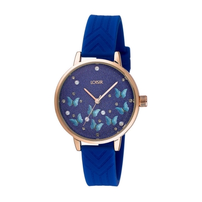 Loisir Watch 11L75-00306 Butterfly with rose gold metallic case and blue silicon strap