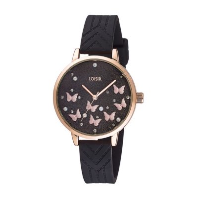 Loisir ρολόι 11L75-00307 Butterfly με ροζ χρυσή μεταλλική κάσα και μαύρο λουράκι σιλικόνης