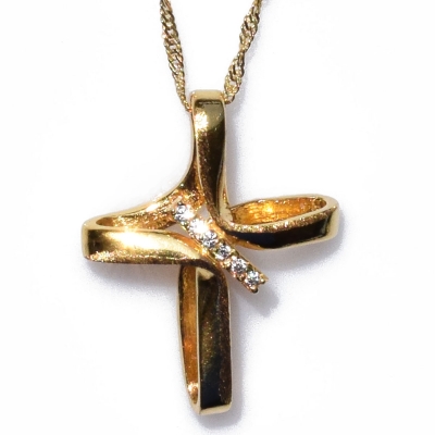 Χειροποίητος ασημένιος σταυρός 925ο με αλυσίδα και κορδόνι σε χρυσή επιμετάλλωση με ζιργκόν IJ-090017B
