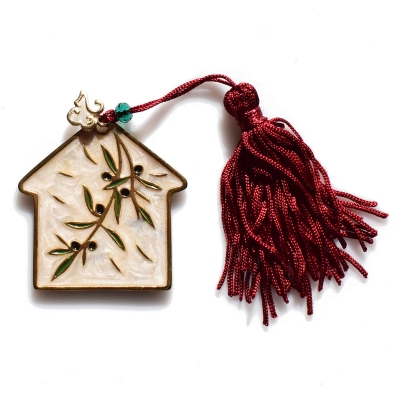 Handmade charm 2023 sweet home olive laurels gold brass with tassel and crystals Gouri-2023-012 length 15 cm width 5 cm
