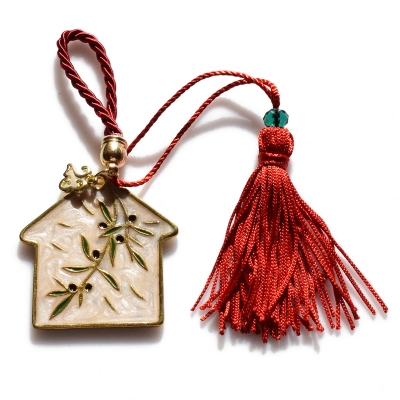 Handmade charm 2023 sweet home olive laurels gold brass with tassel, cord and crystals Gouri-2023-012-L length 15 cm width 5 cm