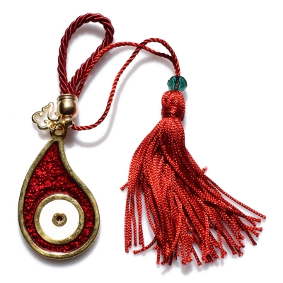 Handmade charm 2023 evil eye gold brass with tassel, cord and crystals Gouri-2023-019-L length 15.5 cm width 3 cm