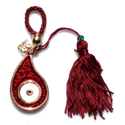 Handmade charm 2023 evil eye rose gold brass with tassel, cord and crystals Gouri-2023-020-L length 15.5 cm width 3 cm
