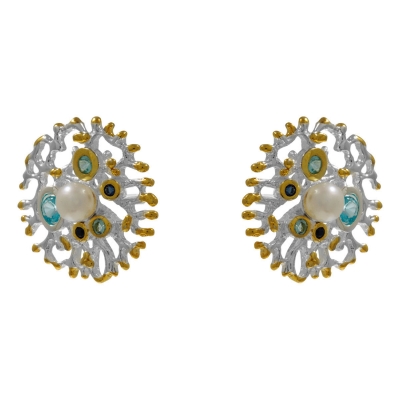 Handmade sterling silver earrings Evrima with platinum and gold plating and precious stones (pearls and zirconia) ENG-EE-02-W