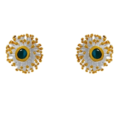 Χειροποίητα ασημένια σκουλαρίκια 925ο Εύρημα καρφωτά με ασημί και χρυσή επιμετάλλωση και ημιπολύτιμες πέτρες (λαμπραδορίτης) ENG-KE-2003-W