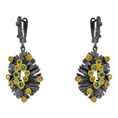Handmade sterling silver earrings Evrima with black and gold plating and precious stones (zirconia) ENG-KE-2223-M