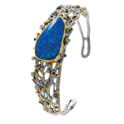 Handmade sterling silver bracelet Evrima bangle with platinum and gold plating and precious stones (labradorite and zirconia) Bracelet-ENG-TB-2201