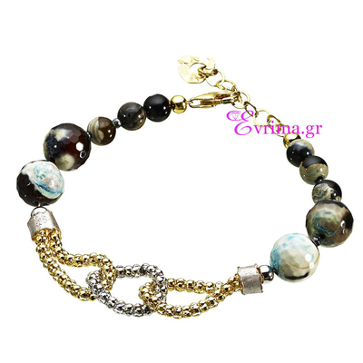 Oxette Sterling Silver Bracelet with Gold Plating and Precious Stones (Turquoise Agate and Black Agate). [02X05-00963]