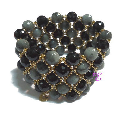 Oxette Sterling Silver Bracelet with Gold Plating and Precious Stones (Black Onyx). [02X05-01051]