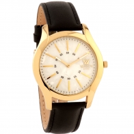 Season Time unisex watch 5-1-5-3 of Deluxe Steel series with black leather strap, gold frame and mother of pearl dial.