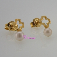 Handmade Earrings (Cross) with Sterling Silver Gold Plating and Precious Stones (Pearls). Product Code : IJ-020340-GOLD