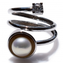 Handmade sterling silver ring Eight-Ring-RG-00716 with rhodium plating and semi-precious stones (pearls and cubic zirconia)