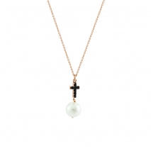 Oxette Sterling Silver Necklace 01X05-02299 cross with rose gold plating and semi precious stones (pearls and quartz crystals)