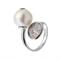 Oxette Sterling Silver Ring 04X01-03704 with Platinum Plating and semi precious stones (pearls and quartz crystals)