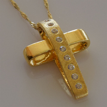 Handmade sterling silver cross 925o with silver chain and cord with mat gold plating and zirconia IJ-090020B Image 3 in natural environment without special lighting