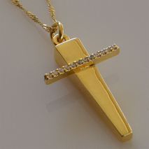 Handmade sterling silver cross 925o with silver chain and cord with gold plating and zirconia IJ-090028B Image 3 in natural environment without special lighting