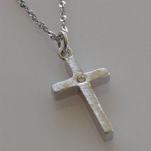 Handmade sterling silver cross 925o with silver chain and cord with mat silver plating and zirconia IJ-090051A Image 3 in natural environment without special lighting