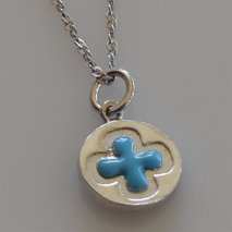Handmade sterling silver cross 925o with silver chain and cord with platinum plating and light blue enamel IJ-090067A Image 3 in natural environment without special lighting