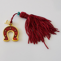 Handmade charm 2024 lucky horseshoe gold brass with tassel and crystals Gouri-2024-051 length 13.5 cm width 2.5 cm Image 2