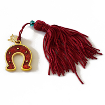 Handmade charm 2024 lucky horseshoe gold brass with tassel and crystals Gouri-2024-051 length 13.5 cm width 2.5 cm Image 3