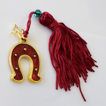 Handmade charm 2024 lucky horseshoe gold brass with tassel and crystals Gouri-2024-051 length 13.5 cm width 2.5 cm Image 4