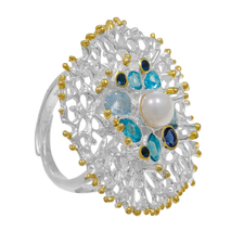 Handmade sterling silver ring Evrima with platinum and gold plating and precious stones (pearls and zirconia) ENG-ER-07-W