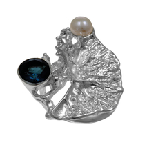 Handmade sterling silver ring Evrima with platinum plating and precious stones (pearls and zirconia) ENG-KR-2350