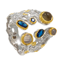 Handmade sterling silver ring Evrima with platinum and gold plating and precious stones (zirconia) ENG-TR-2002