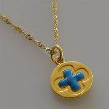 Handmade sterling silver cross 925o with silver chain and cord with gold plating and light blue enamel IJ-090067B Image 3 in natural environment without special lighting