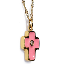 Handmade sterling silver cross 925o with silver chain and cord with gold plating and pink enamel and zirconia IJ-090068B Image 2