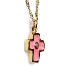 Handmade sterling silver cross 925o with silver chain and cord with gold plating and pink enamel and zirconia IJ-090070B Image 2