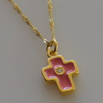 Handmade sterling silver cross 925o with silver chain and cord with gold plating and pink enamel and zirconia IJ-090070B Image 3 in natural environment without special lighting