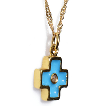 Handmade sterling silver cross 925o with silver chain and cord with gold plating and light blue enamel and zirconia IJ-090072B Image 2