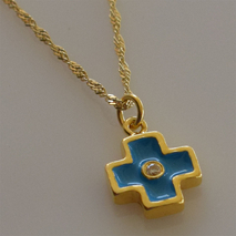 Handmade sterling silver cross 925o with silver chain and cord with gold plating and light blue enamel and zirconia IJ-090072B Image 3 in natural environment without special lighting