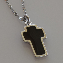 Handmade sterling silver cross 925o with silver chain and cord with silver plating and black enamel IJ-090073A Image 3 in natural environment without special lighting