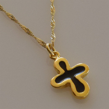 Handmade sterling silver cross 925o with silver chain and cord with gold plating and black enamel IJ-090074B Image 3 in natural environment without special lighting