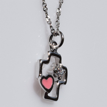 Handmade sterling silver cross 925o heart with silver chain and cord with silver plating and pink enamel and zirconia IJ-090075A Image 2