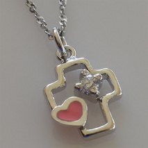 Handmade sterling silver cross 925o heart with silver chain and cord with silver plating and pink enamel and zirconia IJ-090075A Image 3 in natural environment without special lighting