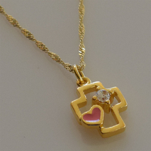 Handmade sterling silver cross 925o heart with silver chain and cord with gold plating and pink enamel and zirconia IJ-090075B Image 3 in natural environment without special lighting
